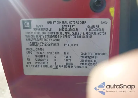 2002 Chevrolet Tahoe Ls from USA, damaged, VIN 1GNEC13Z12R231959